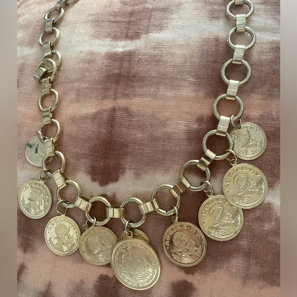 Vintage gold color metal coin charm dangle style necklace